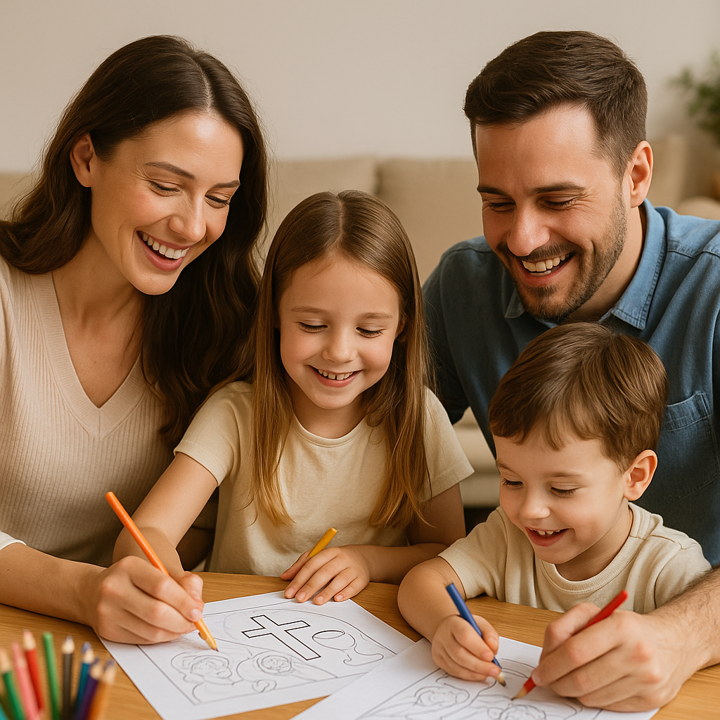 Família cristã colorindo Bíblia para Colorir